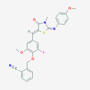 molecular formula C27H22IN3O4S B298572 2-{[2-Iodo-6-methoxy-4-({2-[(4-methoxyphenyl)imino]-3-methyl-4-oxo-1,3-thiazolidin-5-ylidene}methyl)phenoxy]methyl}benzonitrile 