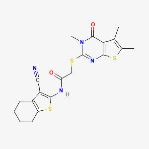 molecular formula C20H20N4O2S3 B2985733 N-(3-cyano-4,5,6,7-tetrahydro-1-benzothiophen-2-yl)-2-(3,5,6-trimethyl-4-oxothieno[2,3-d]pyrimidin-2-yl)sulfanylacetamide CAS No. 488842-29-1