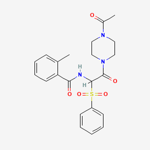 molecular formula C22H25N3O5S B2985768 N-[2-(4-acetylpiperazin-1-yl)-1-(benzenesulfonyl)-2-oxoethyl]-2-methylbenzamide CAS No. 1042974-74-2