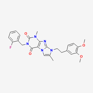 molecular formula C26H26FN5O4 B2985769 8-(3,4-dimethoxyphenethyl)-3-(2-fluorobenzyl)-1,7-dimethyl-1H-imidazo[2,1-f]purine-2,4(3H,8H)-dione CAS No. 877644-41-2