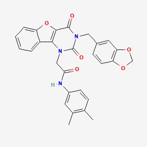 molecular formula C28H23N3O6 B2985805 2-(3-(benzo[d][1,3]dioxol-5-ylmethyl)-2,4-dioxo-3,4-dihydrobenzofuro[3,2-d]pyrimidin-1(2H)-yl)-N-(3,4-dimethylphenyl)acetamide CAS No. 892431-37-7