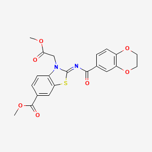 molecular formula C21H18N2O7S B2985839 Methyl 2-(2,3-dihydro-1,4-benzodioxine-6-carbonylimino)-3-(2-methoxy-2-oxoethyl)-1,3-benzothiazole-6-carboxylate CAS No. 865197-51-9