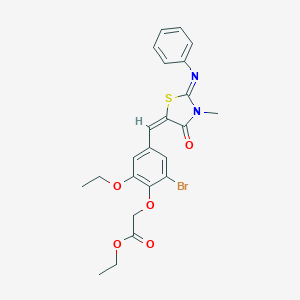 molecular formula C23H23BrN2O5S B298586 Ethyl (2-bromo-6-ethoxy-4-{[3-methyl-4-oxo-2-(phenylimino)-1,3-thiazolidin-5-ylidene]methyl}phenoxy)acetate 