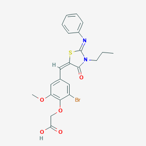 molecular formula C22H21BrN2O5S B298587 (2-Bromo-6-methoxy-4-{[4-oxo-2-(phenylimino)-3-propyl-1,3-thiazolidin-5-ylidene]methyl}phenoxy)acetic acid 