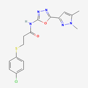 molecular formula C16H16ClN5O2S B2985906 3-((4-chlorophenyl)thio)-N-(5-(1,5-dimethyl-1H-pyrazol-3-yl)-1,3,4-oxadiazol-2-yl)propanamide CAS No. 1171061-28-1