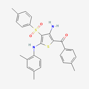 molecular formula C27H26N2O3S2 B2985913 (3-Amino-5-((2,4-dimethylphenyl)amino)-4-tosylthiophen-2-yl)(p-tolyl)methanone CAS No. 890819-85-9
