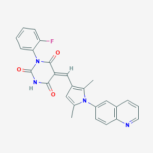 molecular formula C26H19FN4O3 B298594 5-{[2,5-dimethyl-1-(6-quinolinyl)-1H-pyrrol-3-yl]methylene}-1-(2-fluorophenyl)-2,4,6(1H,3H,5H)-pyrimidinetrione 