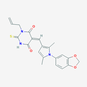 molecular formula C21H19N3O4S B298597 (5E)-5-{[1-(1,3-benzodioxol-5-yl)-2,5-dimethyl-1H-pyrrol-3-yl]methylidene}-1-(prop-2-en-1-yl)-2-thioxodihydropyrimidine-4,6(1H,5H)-dione 