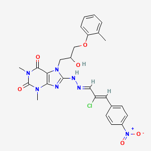 molecular formula C26H26ClN7O6 B2985994 8-((E)-2-((Z)-2-氯-3-(4-硝基苯基)丙烯亚胺)肼基)-7-(2-羟基-3-(邻甲苯氧基)丙基)-1,3-二甲基-1H-嘌呤-2,6(3H,7H)-二酮 CAS No. 375358-71-7