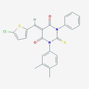 molecular formula C23H17ClN2O2S2 B298600 (5Z)-5-[(5-chlorothiophen-2-yl)methylidene]-1-(3,4-dimethylphenyl)-3-phenyl-2-thioxodihydropyrimidine-4,6(1H,5H)-dione 