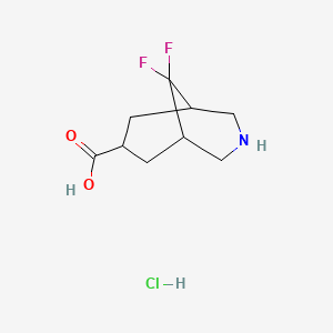 molecular formula C9H14ClF2NO2 B2986043 9,9-二氟-3-氮杂双环[3.3.1]壬烷-7-甲酸；盐酸盐 CAS No. 2418707-83-0