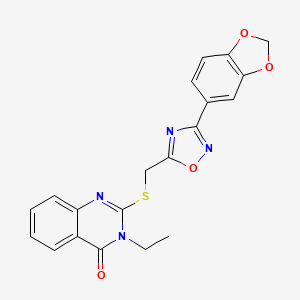 molecular formula C20H16N4O4S B2986060 2-(((3-(benzo[d][1,3]dioxol-5-yl)-1,2,4-oxadiazol-5-yl)methyl)thio)-3-ethylquinazolin-4(3H)-one CAS No. 946215-26-5