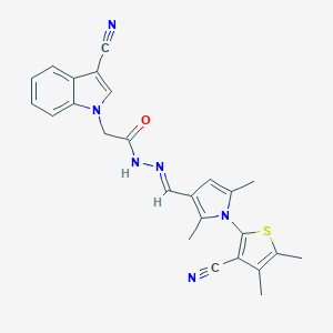 molecular formula C25H22N6OS B298611 N-[(E)-[1-(3-cyano-4,5-dimethylthiophen-2-yl)-2,5-dimethylpyrrol-3-yl]methylideneamino]-2-(3-cyanoindol-1-yl)acetamide 