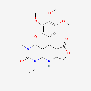 molecular formula C22H25N3O7 B2986167 11-Methyl-13-propyl-8-(3,4,5-trimethoxyphenyl)-5-oxa-2,11,13-triazatricyclo[7.4.0.0^{3,7}]trideca-1(9),3(7)-diene-6,10,12-trione CAS No. 867311-58-8