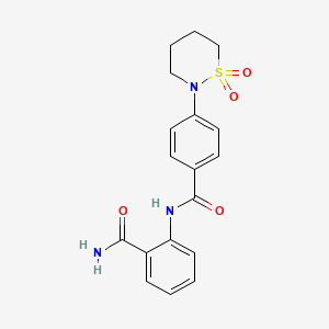 molecular formula C18H19N3O4S B2986176 N-(2-carbamoylphenyl)-4-(1,1-dioxido-1,2-thiazinan-2-yl)benzamide CAS No. 941888-82-0