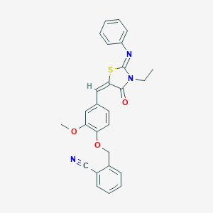 molecular formula C27H23N3O3S B298619 2-[(4-{[3-Ethyl-4-oxo-2-(phenylimino)-1,3-thiazolidin-5-ylidene]methyl}-2-methoxyphenoxy)methyl]benzonitrile 