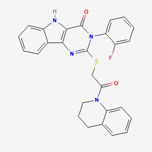 molecular formula C27H21FN4O2S B2986201 2-((2-(3,4-dihydroquinolin-1(2H)-yl)-2-oxoethyl)thio)-3-(2-fluorophenyl)-3H-pyrimido[5,4-b]indol-4(5H)-one CAS No. 888448-60-0