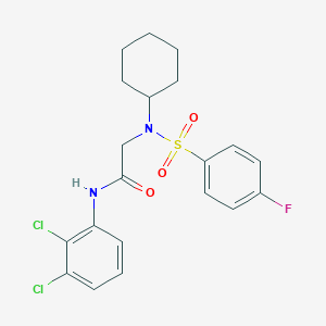 molecular formula C20H21Cl2FN2O3S B298622 2-{cyclohexyl[(4-fluorophenyl)sulfonyl]amino}-N-(2,3-dichlorophenyl)acetamide 