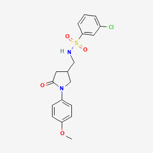 molecular formula C18H19ClN2O4S B2986290 3-chloro-N-((1-(4-methoxyphenyl)-5-oxopyrrolidin-3-yl)methyl)benzenesulfonamide CAS No. 954604-86-5