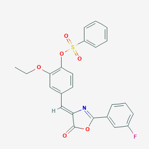 molecular formula C24H18FNO6S B298634 2-ethoxy-4-[(2-(3-fluorophenyl)-5-oxo-1,3-oxazol-4(5H)-ylidene)methyl]phenyl benzenesulfonate 