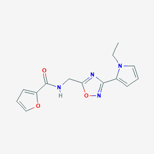 molecular formula C14H14N4O3 B2986345 N-((3-(1-ethyl-1H-pyrrol-2-yl)-1,2,4-oxadiazol-5-yl)methyl)furan-2-carboxamide CAS No. 2034550-58-6