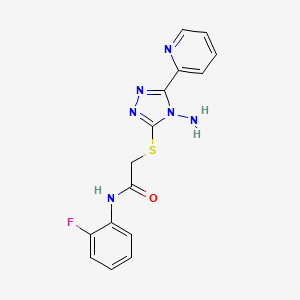 molecular formula C15H13FN6OS B2986361 2-((4-amino-5-(pyridin-2-yl)-4H-1,2,4-triazol-3-yl)thio)-N-(2-fluorophenyl)acetamide CAS No. 677345-23-2