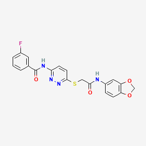 molecular formula C20H15FN4O4S B2986398 N-(6-((2-(benzo[d][1,3]dioxol-5-ylamino)-2-oxoethyl)thio)pyridazin-3-yl)-3-fluorobenzamide CAS No. 1021120-10-4