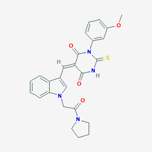 molecular formula C26H24N4O4S B298640 1-(3-methoxyphenyl)-5-({1-[2-oxo-2-(1-pyrrolidinyl)ethyl]-1H-indol-3-yl}methylene)-2-thioxodihydro-4,6(1H,5H)-pyrimidinedione 