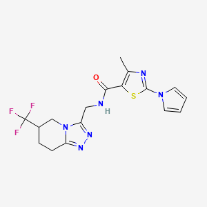 molecular formula C17H17F3N6OS B2986449 4-methyl-2-(1H-pyrrol-1-yl)-N-((6-(trifluoromethyl)-5,6,7,8-tetrahydro-[1,2,4]triazolo[4,3-a]pyridin-3-yl)methyl)thiazole-5-carboxamide CAS No. 2034421-79-7