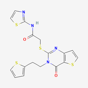 B2986507 2-((4-oxo-3-(2-(thiophen-2-yl)ethyl)-3,4-dihydrothieno[3,2-d]pyrimidin-2-yl)thio)-N-(thiazol-2-yl)acetamide CAS No. 1428348-69-9