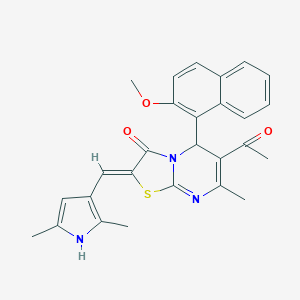 molecular formula C27H25N3O3S B298658 6-acetyl-2-[(2,5-dimethyl-1H-pyrrol-3-yl)methylene]-5-(2-methoxy-1-naphthyl)-7-methyl-5H-[1,3]thiazolo[3,2-a]pyrimidin-3(2H)-one 