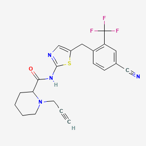 molecular formula C21H19F3N4OS B2986613 N-(5-{[4-cyano-2-(trifluoromethyl)phenyl]methyl}-1,3-thiazol-2-yl)-1-(prop-2-yn-1-yl)piperidine-2-carboxamide CAS No. 1375865-29-4