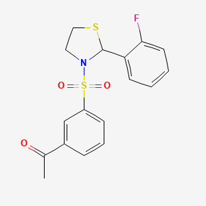 molecular formula C17H16FNO3S2 B2986615 1-(3-((2-(2-Fluorophenyl)thiazolidin-3-yl)sulfonyl)phenyl)ethan-1-one CAS No. 2320953-48-6