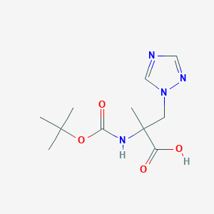 molecular formula C11H18N4O4 B2986625 2-Methyl-2-[(2-methylpropan-2-yl)oxycarbonylamino]-3-(1,2,4-triazol-1-yl)propanoic acid CAS No. 1290054-78-2