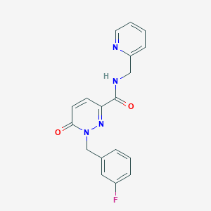molecular formula C18H15FN4O2 B2986678 1-(3-fluorobenzyl)-6-oxo-N-(pyridin-2-ylmethyl)-1,6-dihydropyridazine-3-carboxamide CAS No. 1040663-23-7