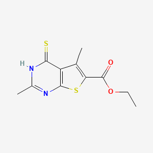 molecular formula C11H12N2O2S2 B2986724 Ethyl 2,5-dimethyl-4-sulfanylthieno[2,3-d]pyrimidine-6-carboxylate CAS No. 733794-46-2