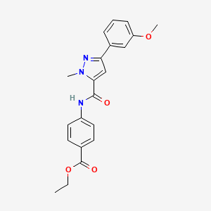 molecular formula C21H21N3O4 B2986752 ethyl 4-(3-(3-methoxyphenyl)-1-methyl-1H-pyrazole-5-carboxamido)benzoate CAS No. 1219845-23-4