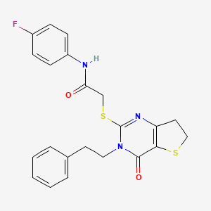 molecular formula C22H20FN3O2S2 B2986783 N-(4-fluorophenyl)-2-((4-oxo-3-phenethyl-3,4,6,7-tetrahydrothieno[3,2-d]pyrimidin-2-yl)thio)acetamide CAS No. 877619-34-6
