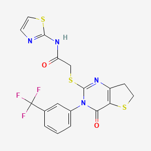 molecular formula C18H13F3N4O2S3 B2986820 2-((4-氧代-3-(3-(三氟甲基)苯基)-3,4,6,7-四氢噻吩并[3,2-d]嘧啶-2-基)硫代)-N-(噻唑-2-基)乙酰胺 CAS No. 877654-25-6