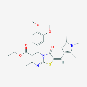 molecular formula C26H29N3O5S B298683 ethyl 5-(3,4-dimethoxyphenyl)-7-methyl-3-oxo-2-[(1,2,5-trimethyl-1H-pyrrol-3-yl)methylene]-2,3-dihydro-5H-[1,3]thiazolo[3,2-a]pyrimidine-6-carboxylate 
