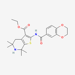 molecular formula C23H28N2O5S B2986838 Ethyl 2-(2,3-dihydro-1,4-benzodioxine-6-carbonylamino)-5,5,7,7-tetramethyl-4,6-dihydrothieno[2,3-c]pyridine-3-carboxylate CAS No. 864860-36-6