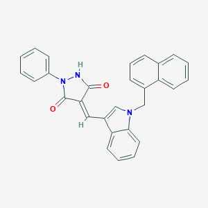molecular formula C29H21N3O2 B298684 (4E)-4-{[1-(naphthalen-1-ylmethyl)-1H-indol-3-yl]methylidene}-1-phenylpyrazolidine-3,5-dione 