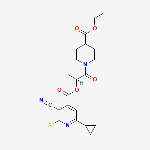 molecular formula C22H27N3O5S B2986881 1-[4-(Ethoxycarbonyl)piperidin-1-yl]-1-oxopropan-2-yl 3-cyano-6-cyclopropyl-2-(methylsulfanyl)pyridine-4-carboxylate CAS No. 1110945-53-3