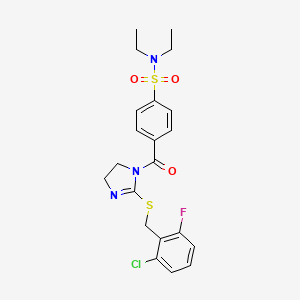 molecular formula C21H23ClFN3O3S2 B2986915 4-[2-[(2-chloro-6-fluorophenyl)methylsulfanyl]-4,5-dihydroimidazole-1-carbonyl]-N,N-diethylbenzenesulfonamide CAS No. 851803-02-6