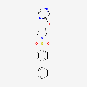 molecular formula C20H19N3O3S B2986986 2-((1-([1,1'-联苯]-4-基磺酰基)吡咯烷-3-基)氧代)吡嗪 CAS No. 1705730-96-6