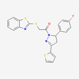 molecular formula C22H16FN3OS3 B2987012 2-(benzo[d]thiazol-2-ylthio)-1-(5-(4-fluorophenyl)-3-(thiophen-2-yl)-4,5-dihydro-1H-pyrazol-1-yl)ethanone CAS No. 403843-01-6