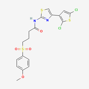 molecular formula C18H16Cl2N2O4S3 B2987019 N-(4-(2,5-dichlorothiophen-3-yl)thiazol-2-yl)-4-((4-methoxyphenyl)sulfonyl)butanamide CAS No. 941967-72-2
