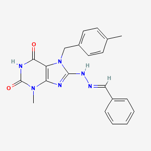 molecular formula C21H20N6O2 B2987111 (E)-8-(2-benzylidenehydrazinyl)-3-methyl-7-(4-methylbenzyl)-1H-purine-2,6(3H,7H)-dione CAS No. 303970-18-5