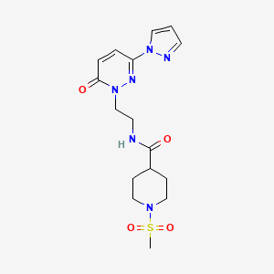 molecular formula C16H22N6O4S B2987127 1-(methylsulfonyl)-N-(2-(6-oxo-3-(1H-pyrazol-1-yl)pyridazin-1(6H)-yl)ethyl)piperidine-4-carboxamide CAS No. 1351660-00-8