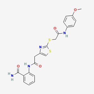 molecular formula C21H20N4O4S2 B2987130 2-(2-(2-((2-((4-甲氧基苯基)氨基)-2-氧代乙基)硫代)噻唑-4-基)乙酰氨基)苯甲酰胺 CAS No. 941921-58-0